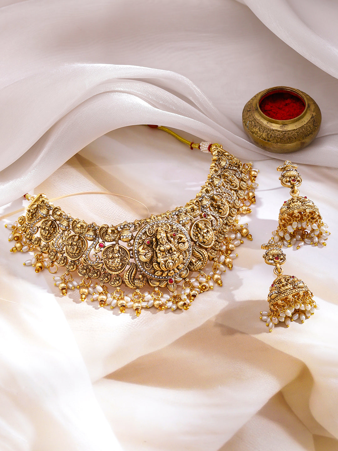 Laxmi Motif Pearl Beaded Gold Necklace Set