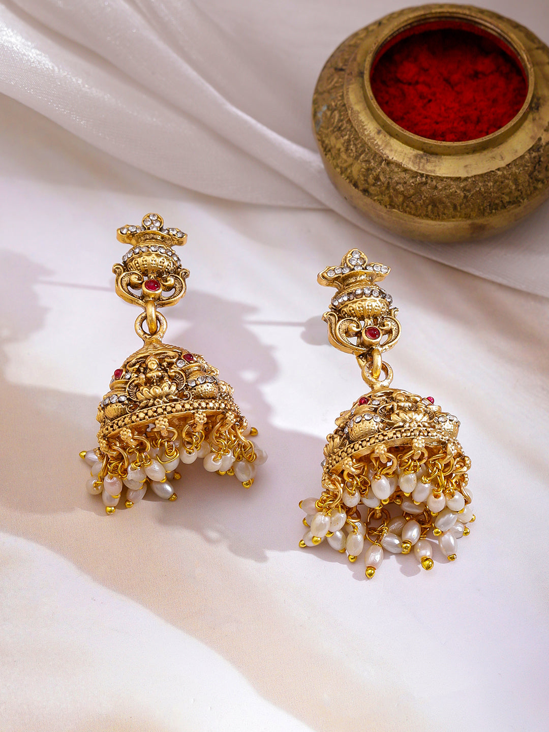 Laxmi Motif Pearl Beaded Gold Necklace Set