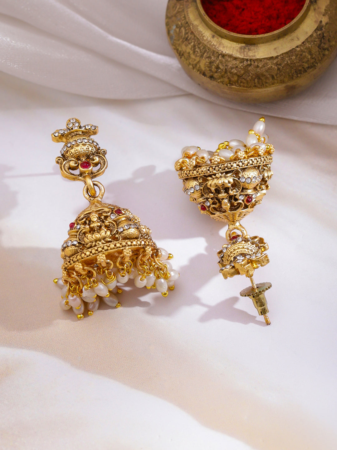 Laxmi Motif Pearl Beaded Gold Necklace Set