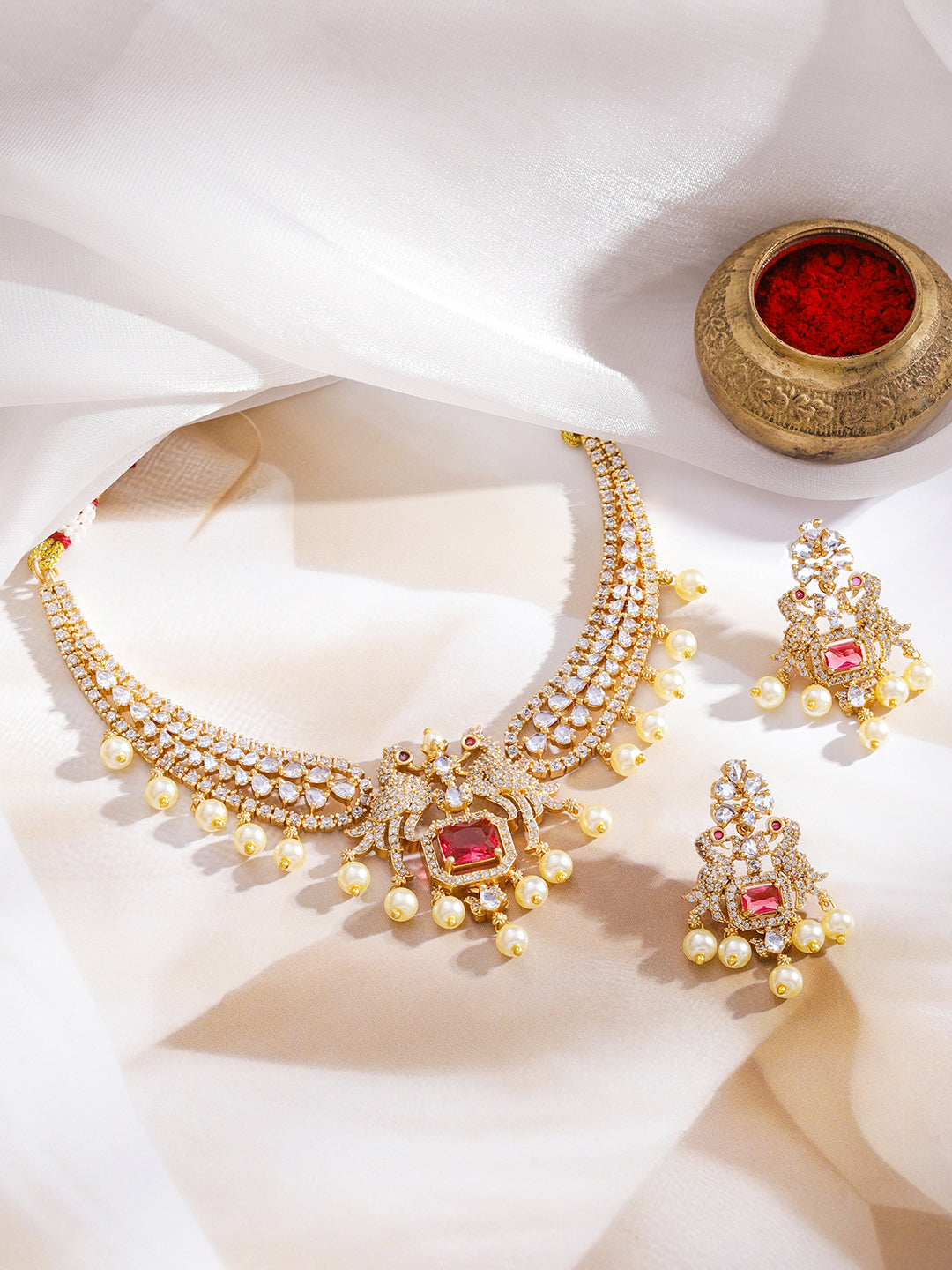 American Diamond Zirconia Pearl Necklace Set