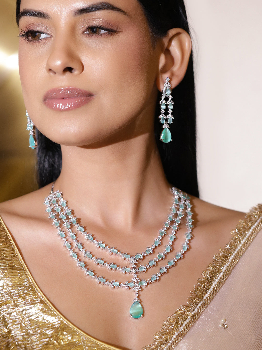American Diamond Zirconia Green Layered Necklace Set