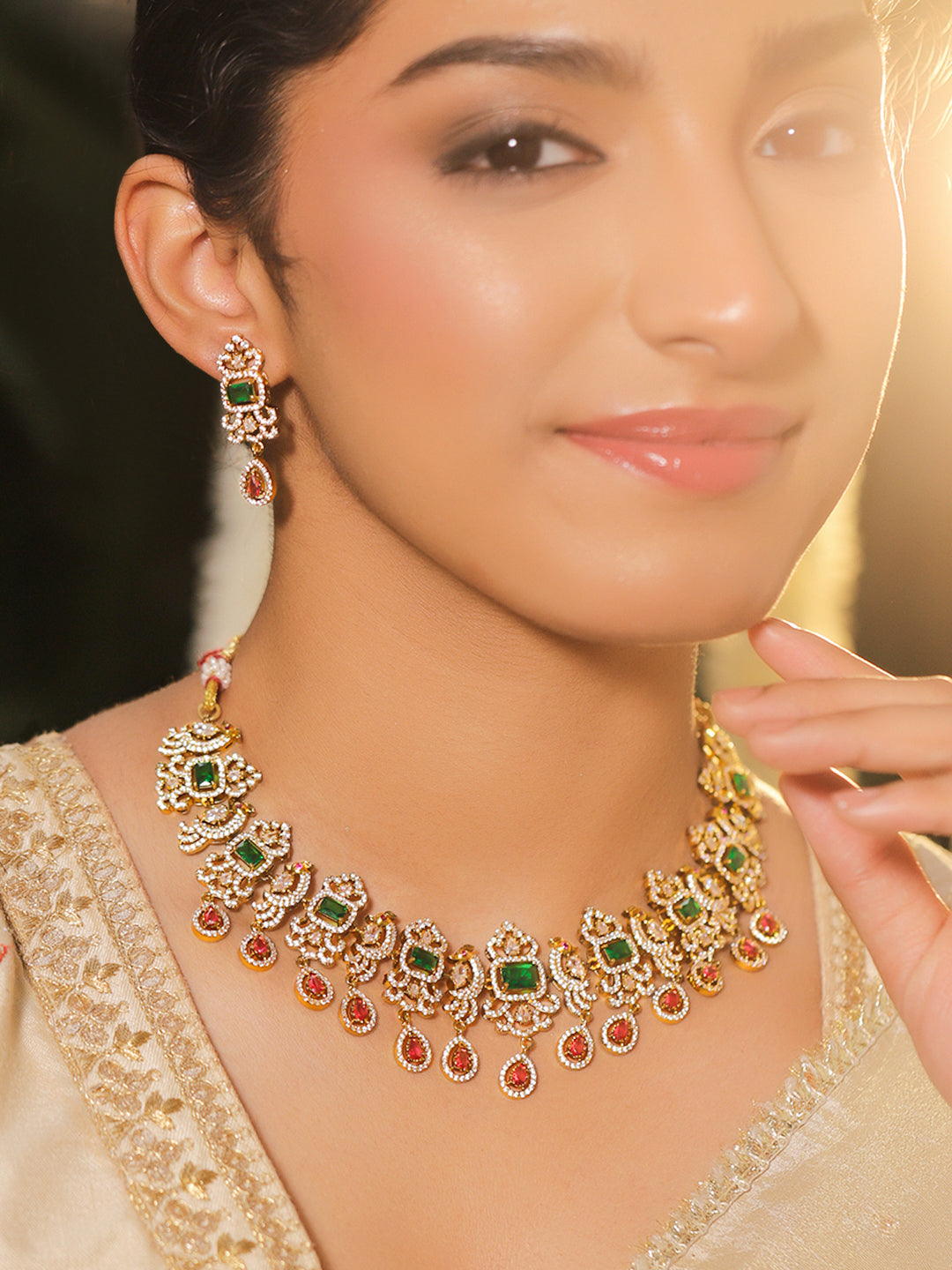 Emerald & Ruby Royal Peacock American Diamond Necklace Set