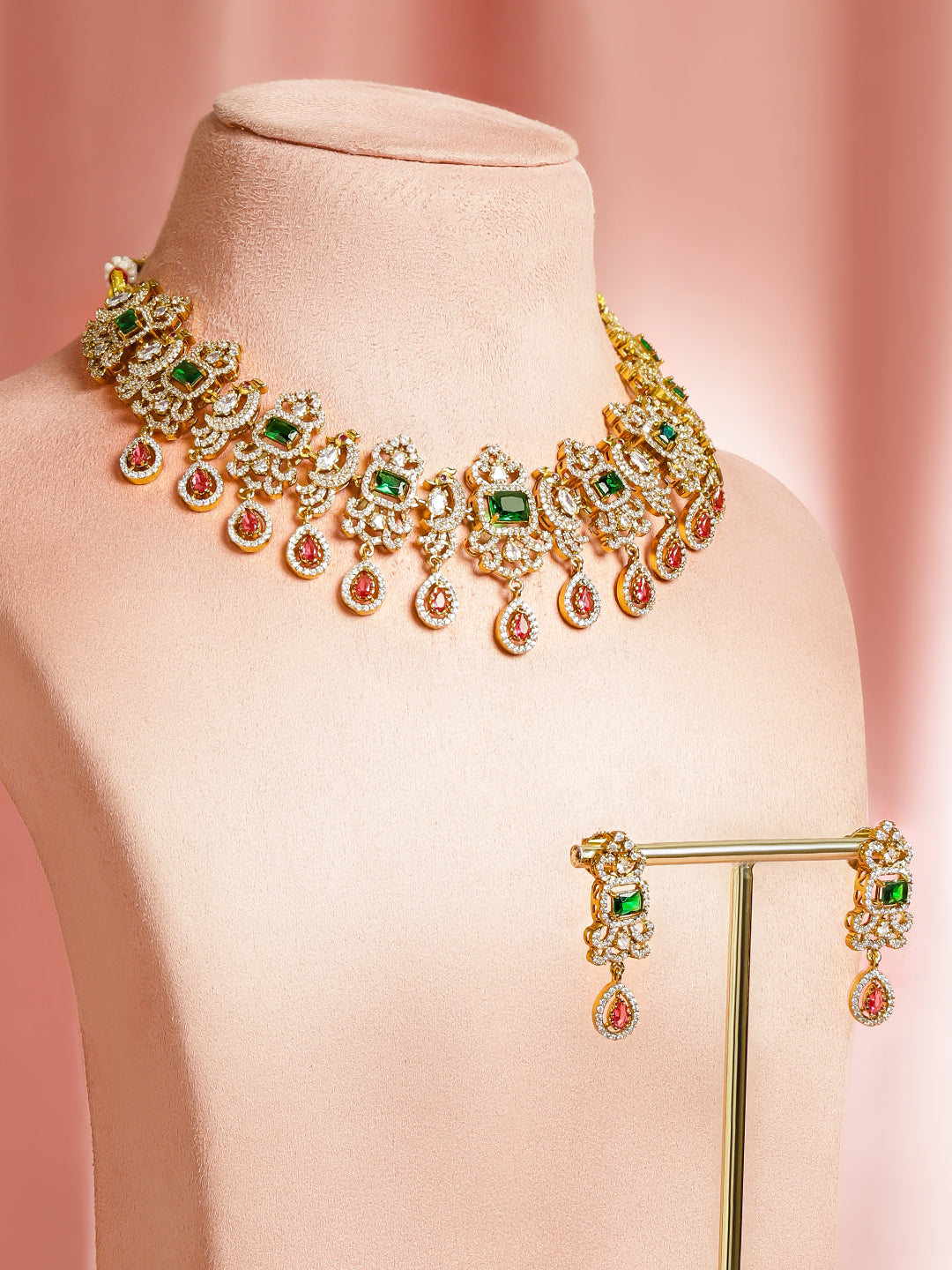 Emerald & Ruby Royal Peacock American Diamond Necklace Set