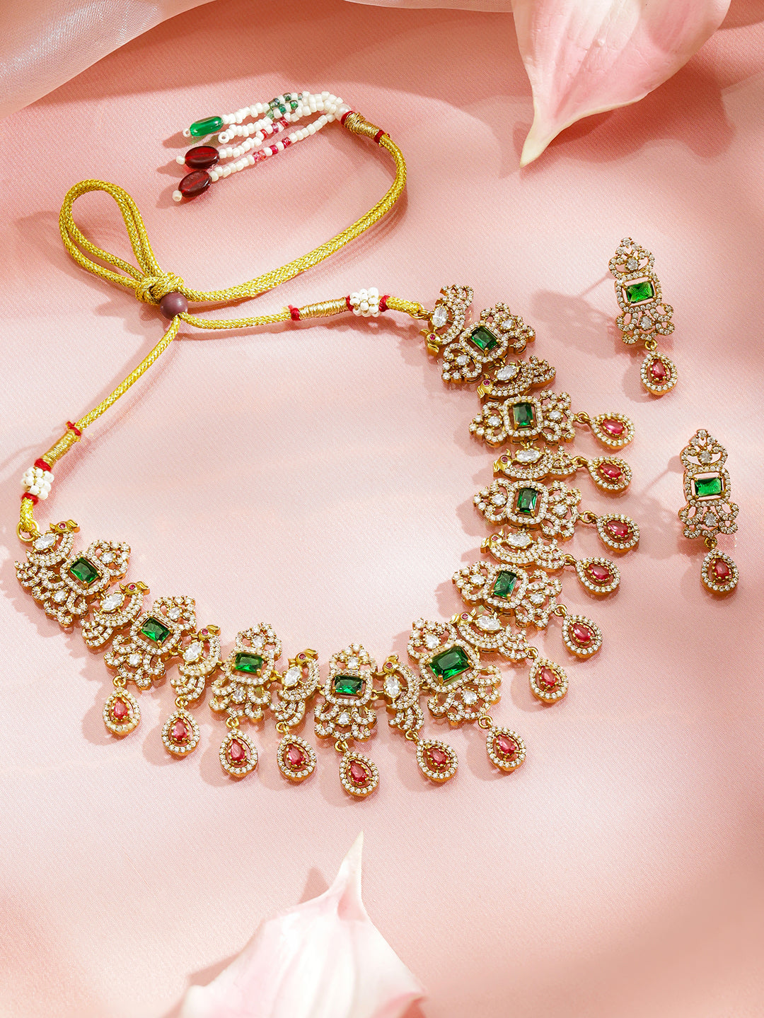 Emerald & Ruby Royal Peacock American Diamond Necklace Set