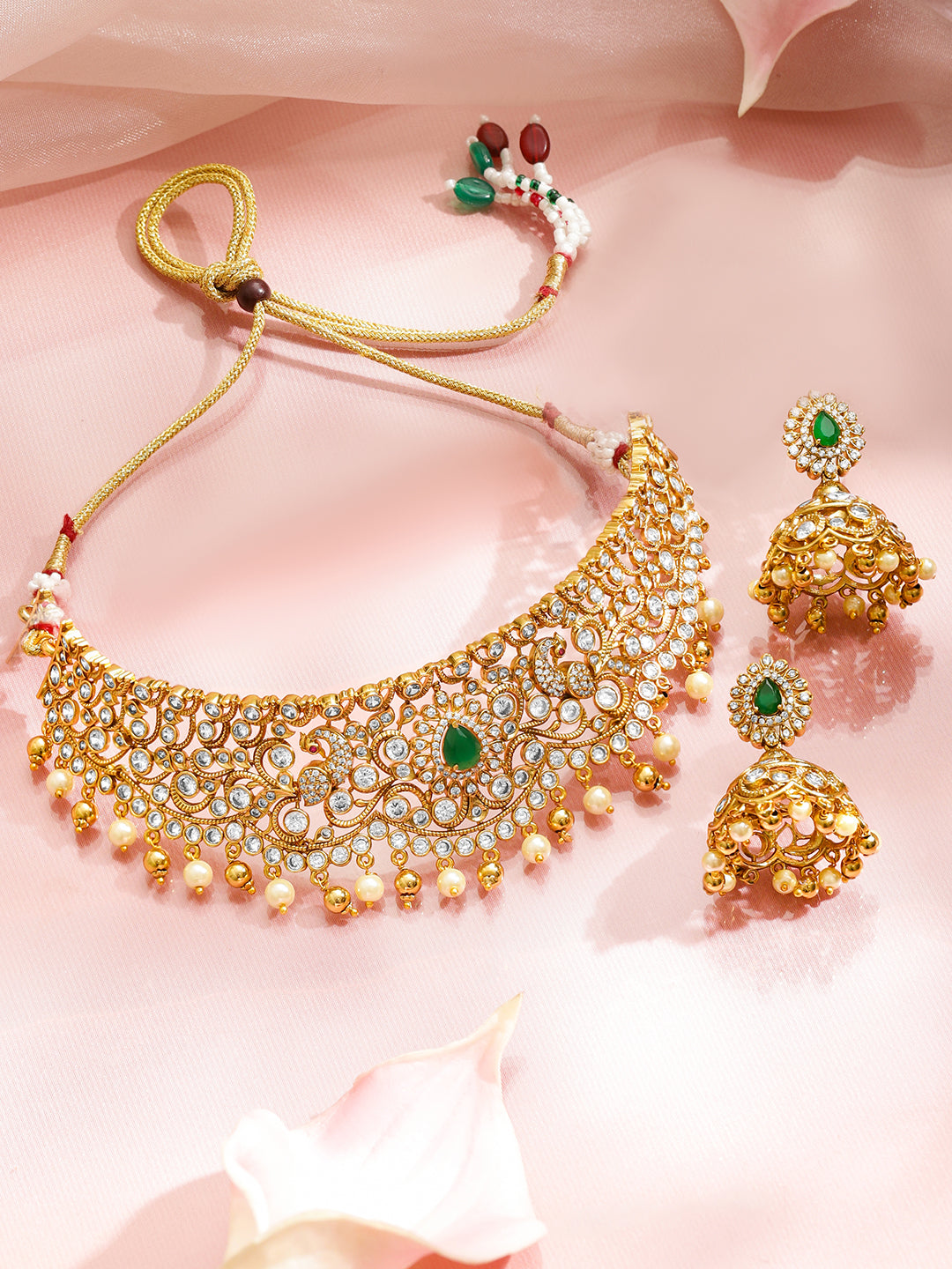 Floral Glory Green & Golden Necklace Set