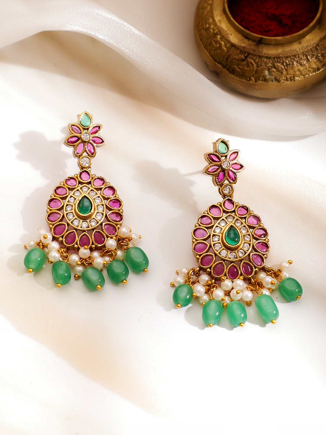 Pink & Green Shimmer Golden Necklace Set