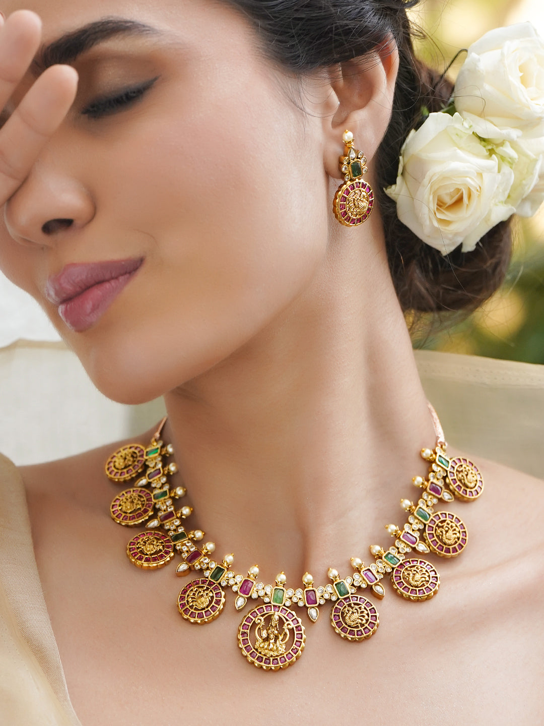 Pink & Green Blessings Lakshmi Necklace Set
