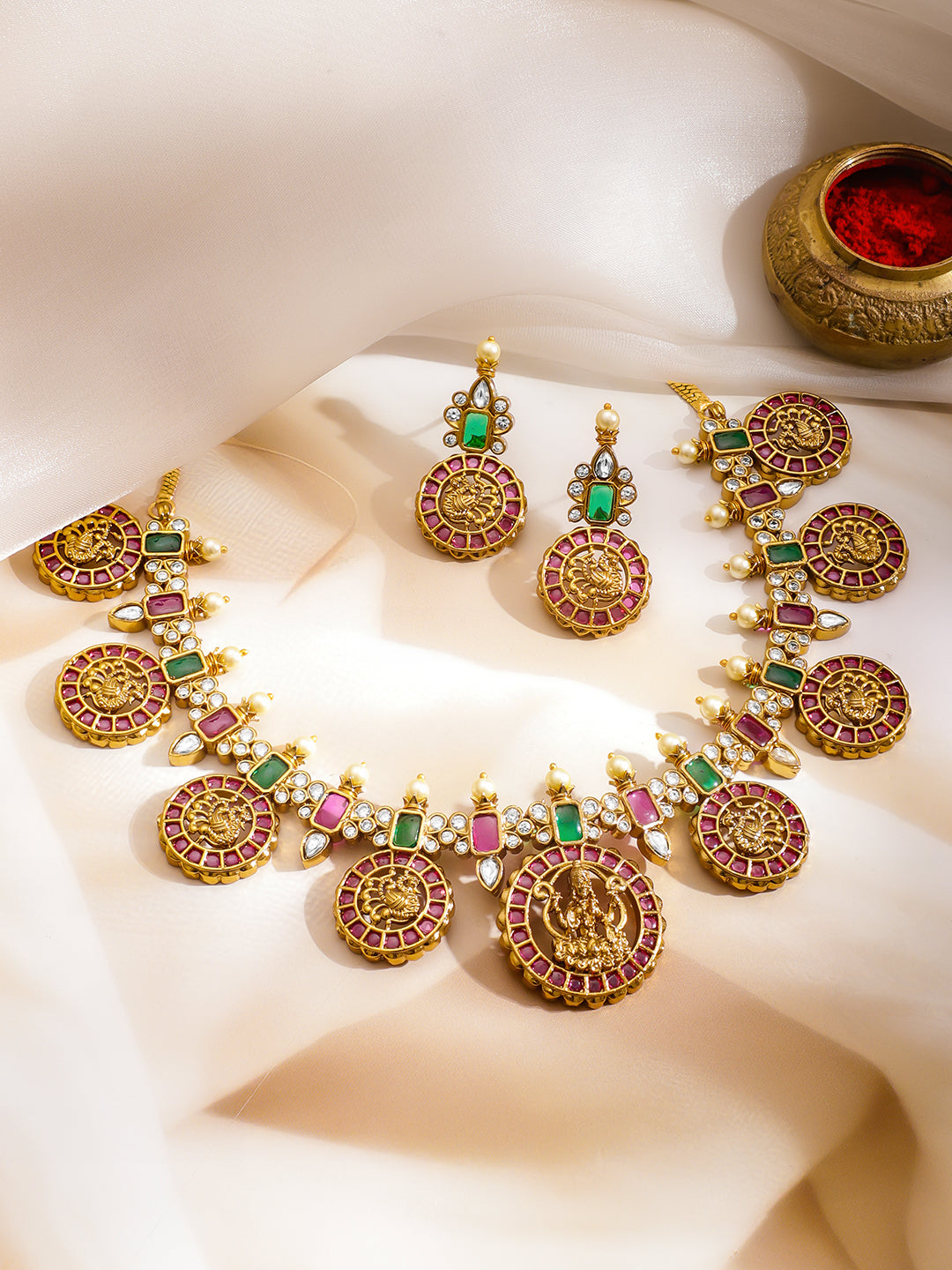 Pink & Green Blessings Lakshmi Necklace Set