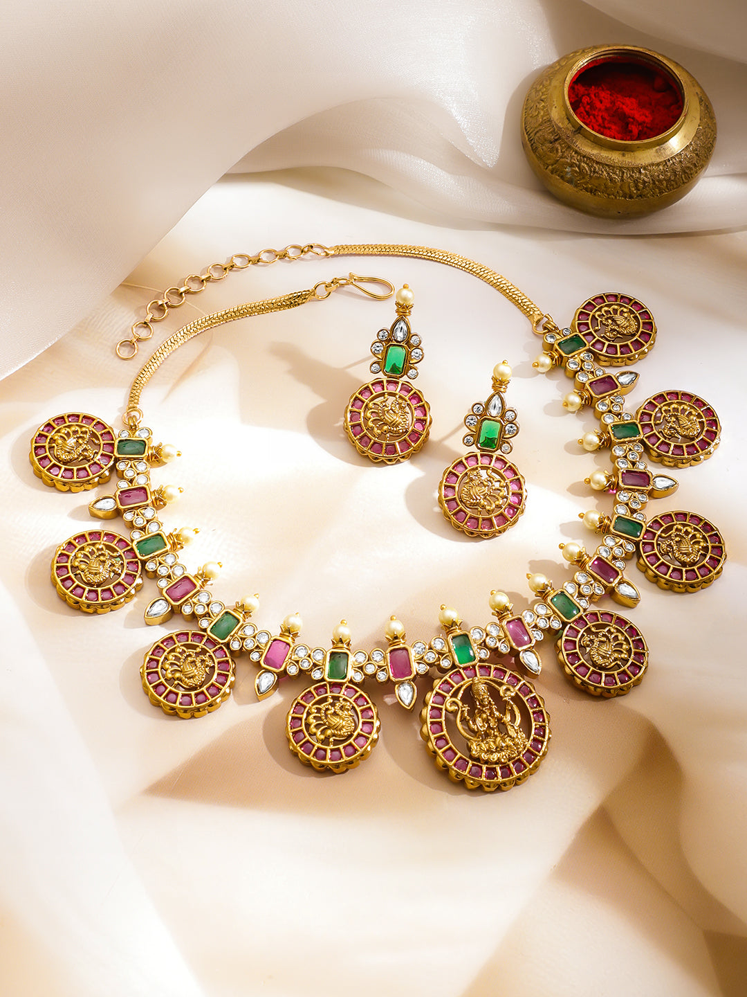 Pink & Green Blessings Lakshmi Necklace Set