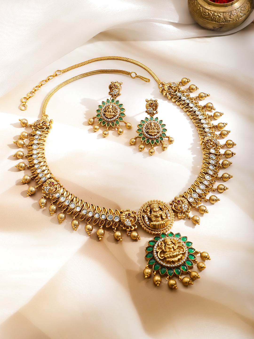 Golden Green Temple Lakshmi Necklace Set