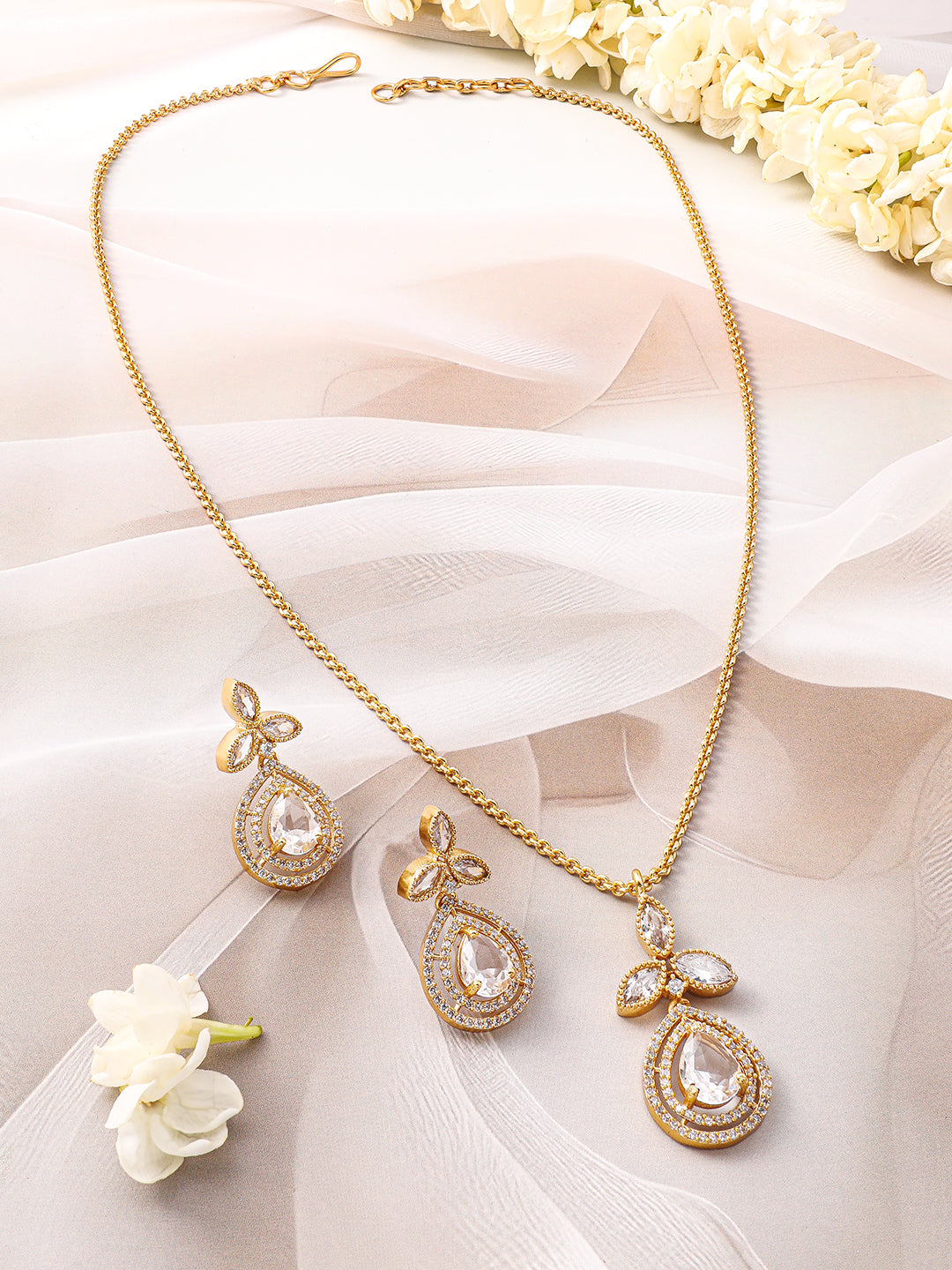 Wentra 22K Gold-Plated Grey Stone and White Cubic Zirconia Studded Pendant Jewellery Set