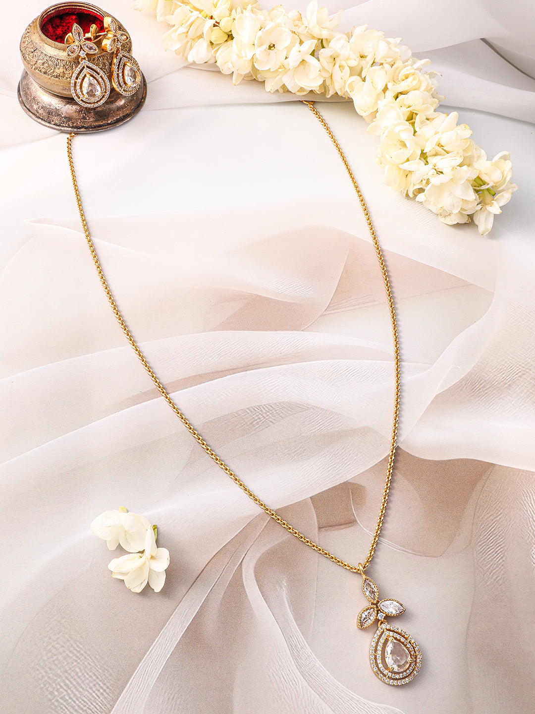 Wentra 22K Gold-Plated Grey Stone and White Cubic Zirconia Studded Pendant Jewellery Set
