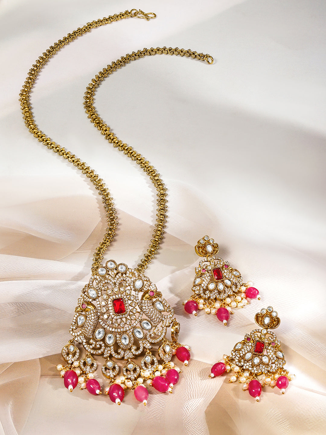 White Kundan Necklace Set With Pearl Red Drops