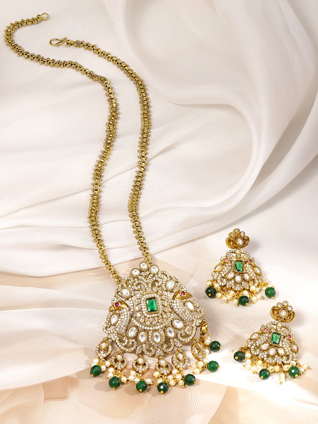 Clustered American Diamond Zirconia Green Necklace Set