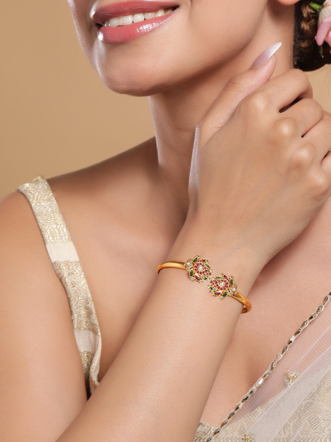 Wentra 18K Gold-Plated Ruby Kundan Studded Openable Bangle