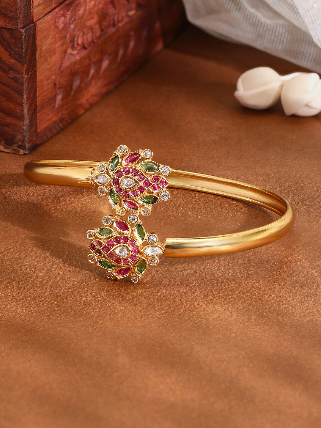 Wentra 18K Gold-Plated Ruby Kundan Studded Openable Bangle