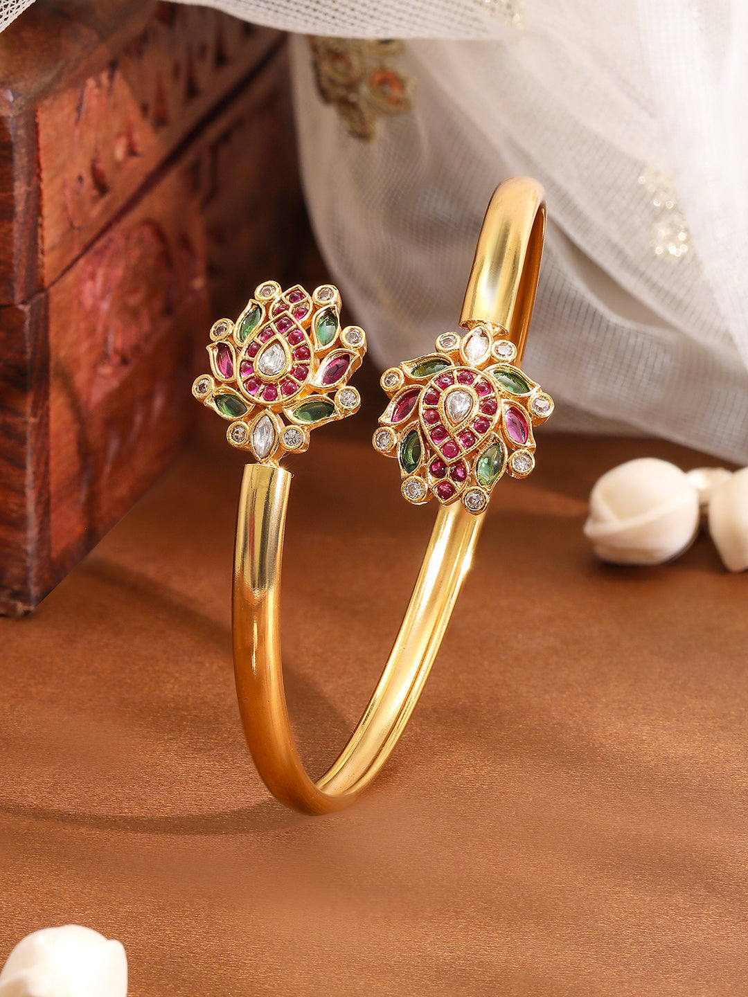 Wentra 18K Gold-Plated Ruby Kundan Studded Openable Bangle