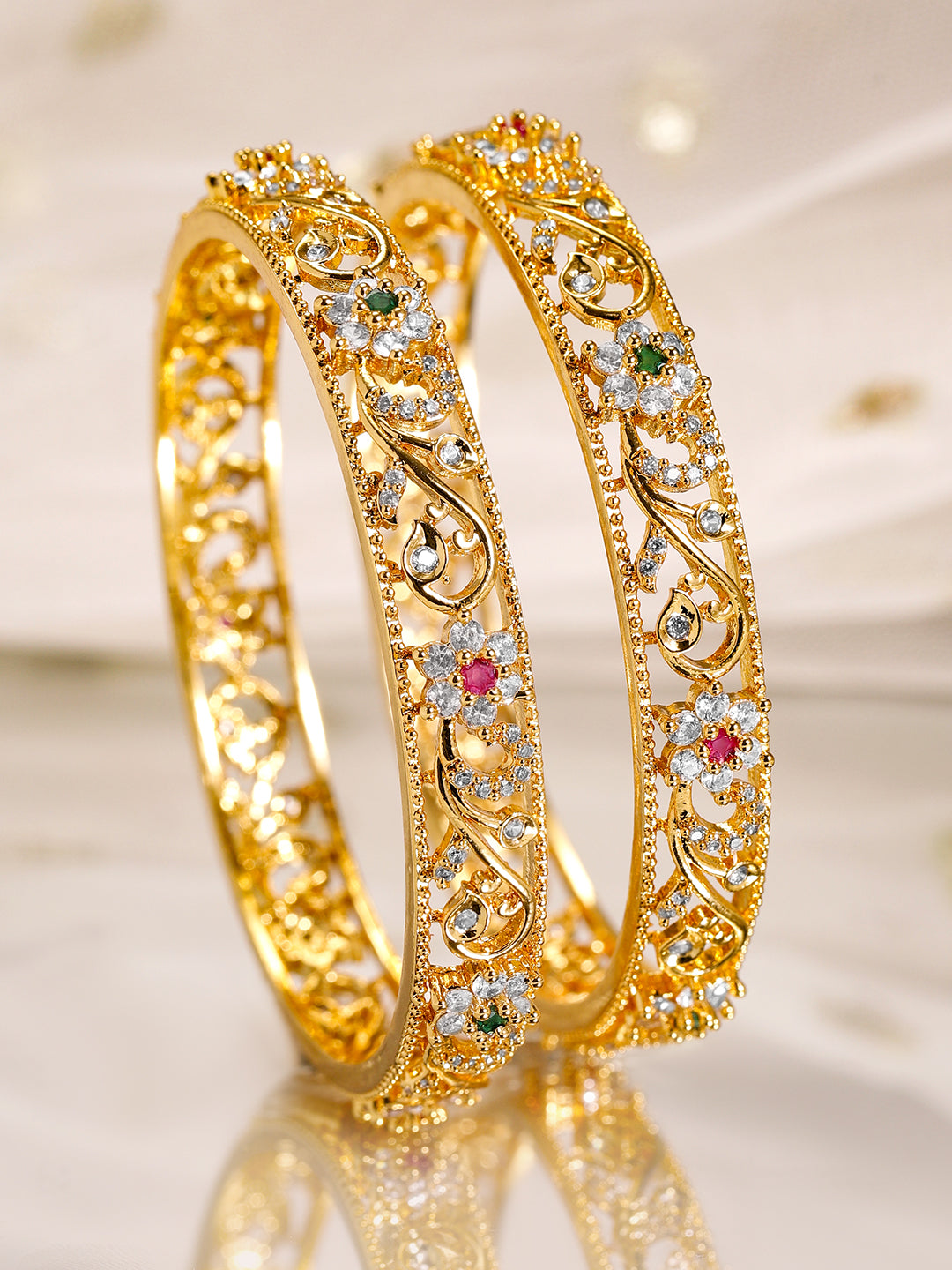Wentra Set of 2, 22K Gold-Plated Ruby, Emerald & Cubic Zirconia Studded Handcrafted Bangles