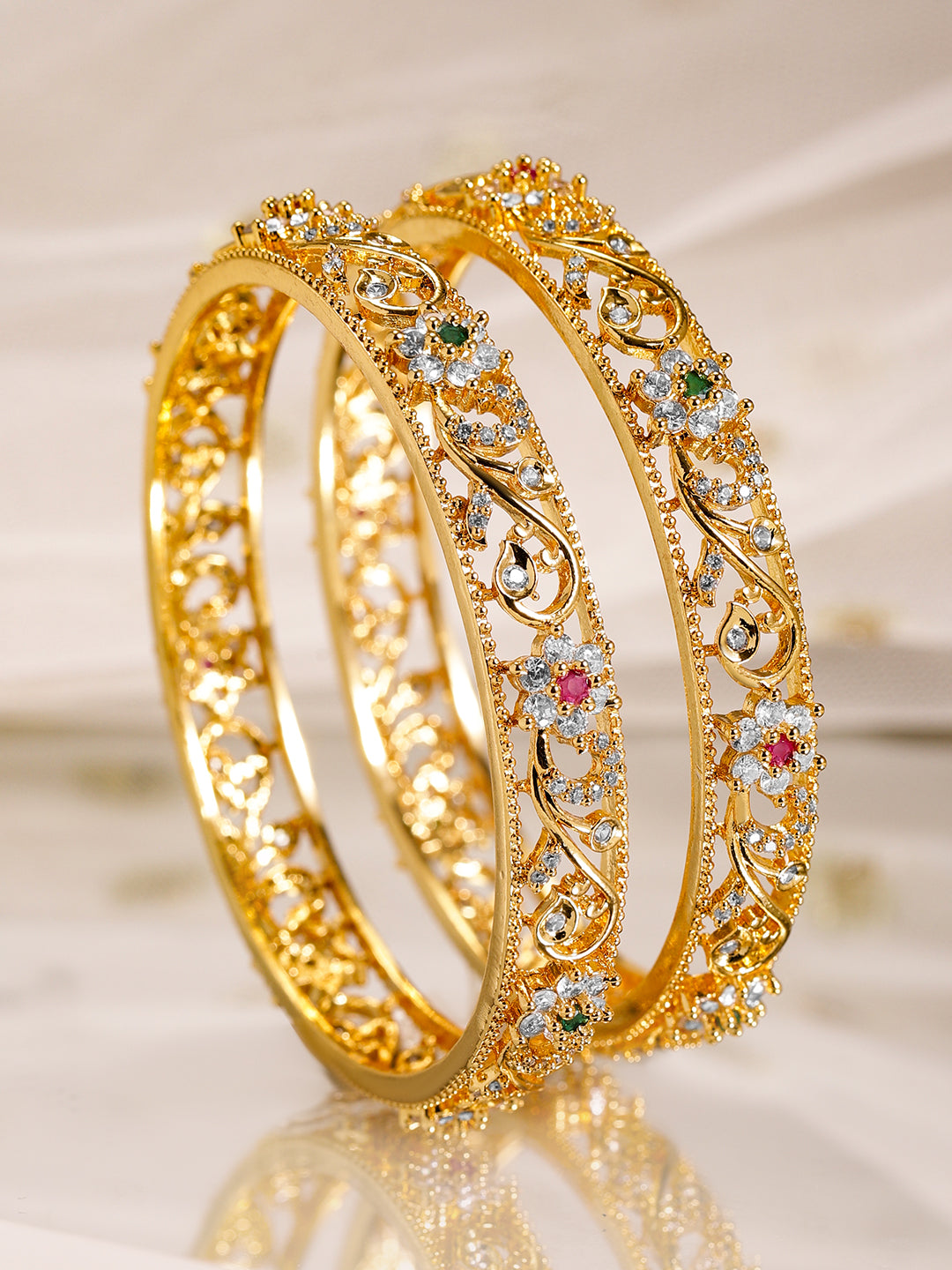 Wentra Set of 2, 22K Gold-Plated Ruby, Emerald & Cubic Zirconia Studded Handcrafted Bangles