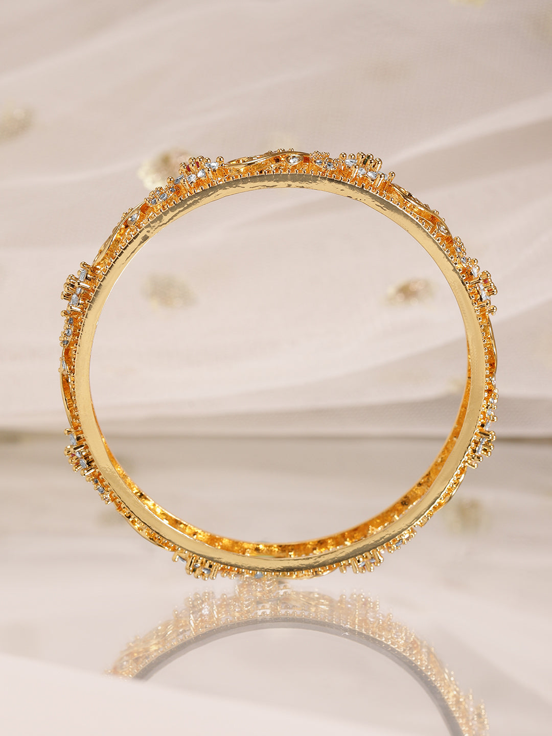 Wentra Set of 2, 22K Gold-Plated Ruby, Emerald & Cubic Zirconia Studded Handcrafted Bangles