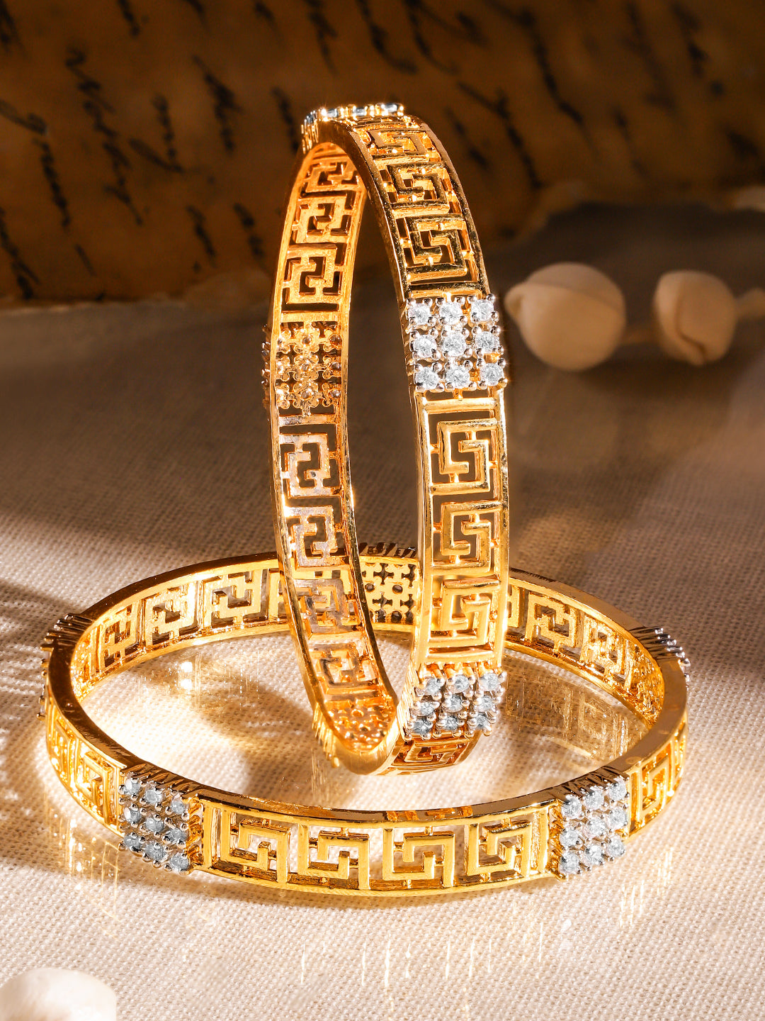 Wentra Set of 2, 22K Gold-Plated Greek Key Design & Cubic Zirconia Studded Handcrafted Bangles