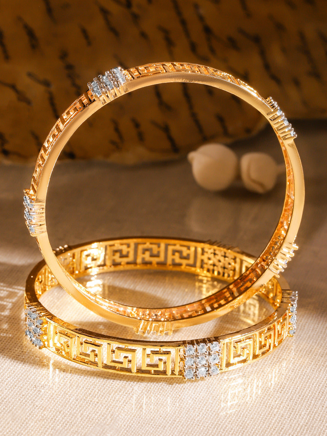 Wentra Set of 2, 22K Gold-Plated Greek Key Design & Cubic Zirconia Studded Handcrafted Bangles