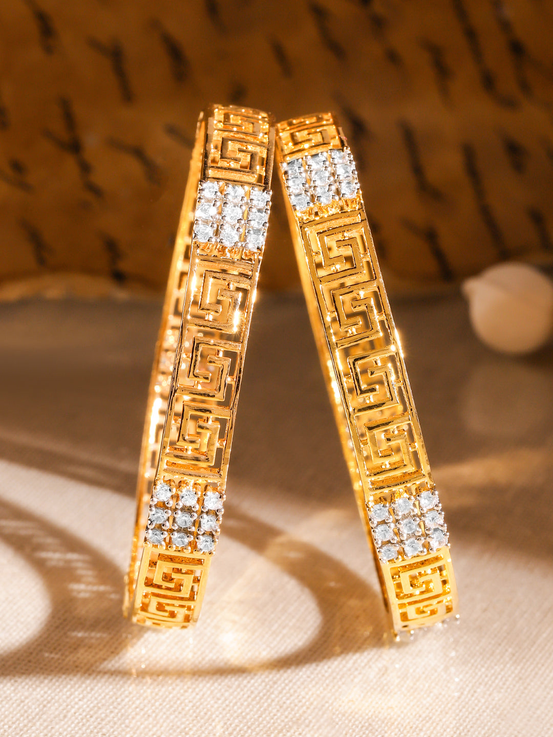 Wentra Set of 2, 22K Gold-Plated Greek Key Design & Cubic Zirconia Studded Handcrafted Bangles