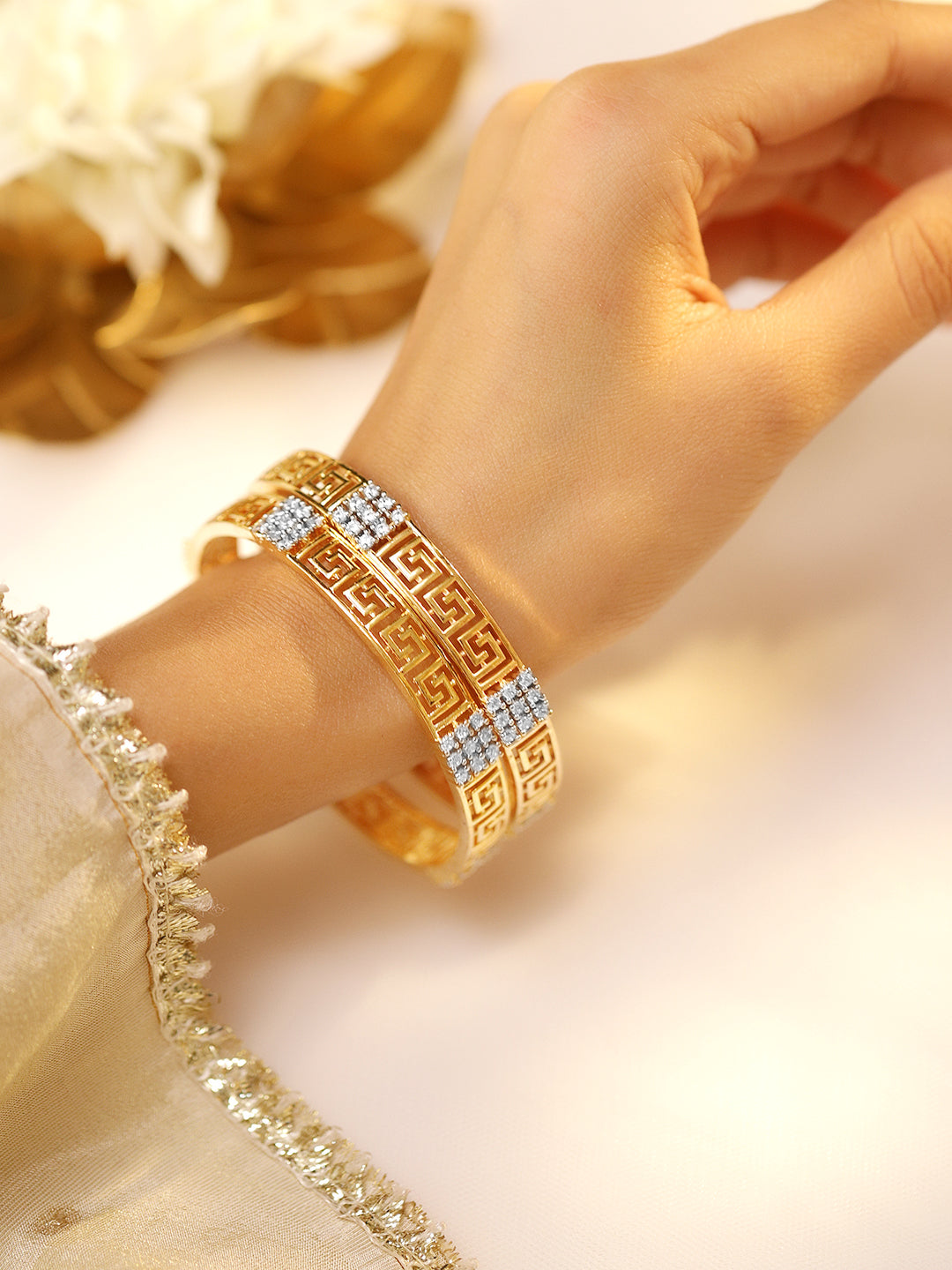 Wentra Set of 2, 22K Gold-Plated Greek Key Design & Cubic Zirconia Studded Handcrafted Bangles