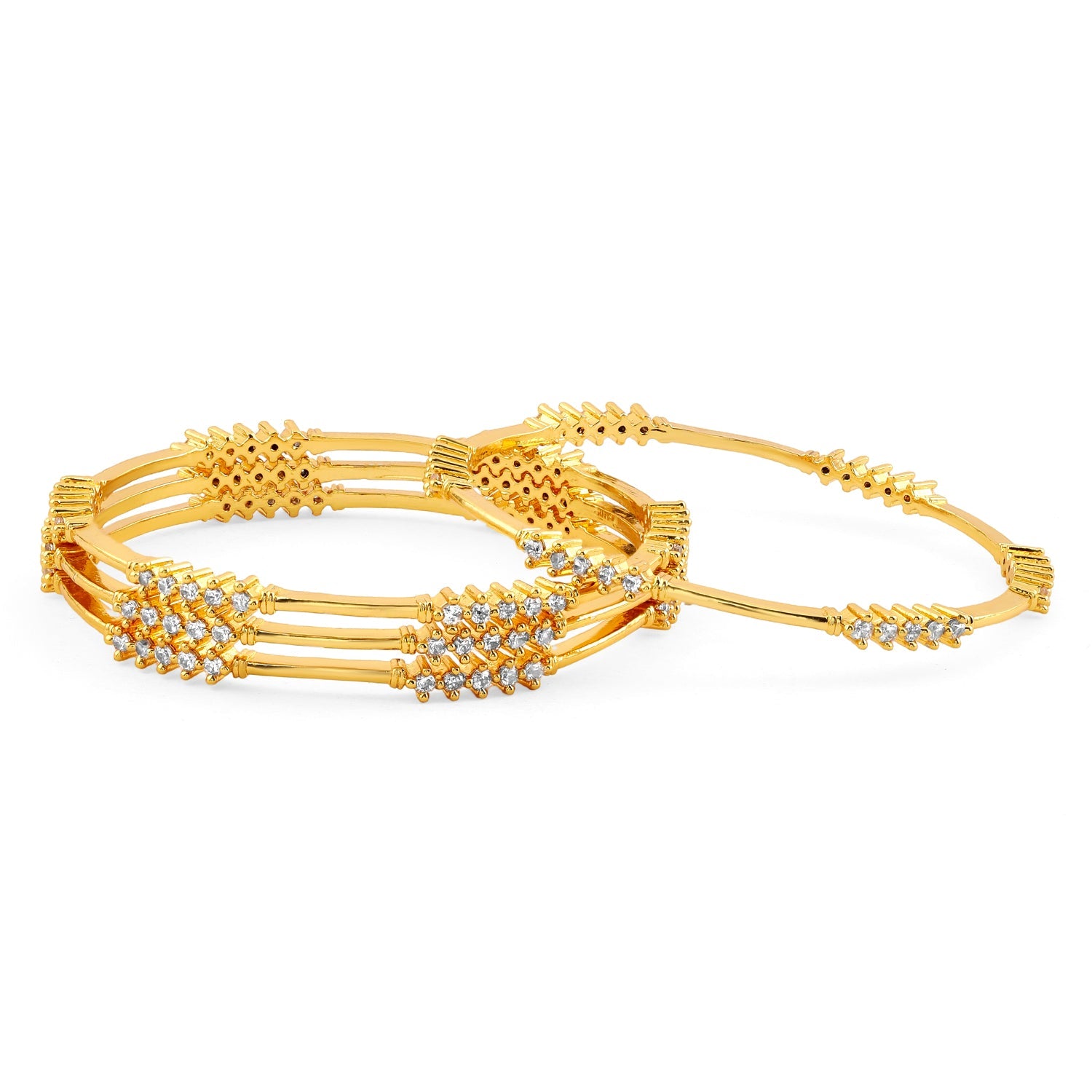 Wentra Set of 4, 22K Gold-Plated & White Cubic Zirconia Stone Studded Handcrafted Classic Bangles