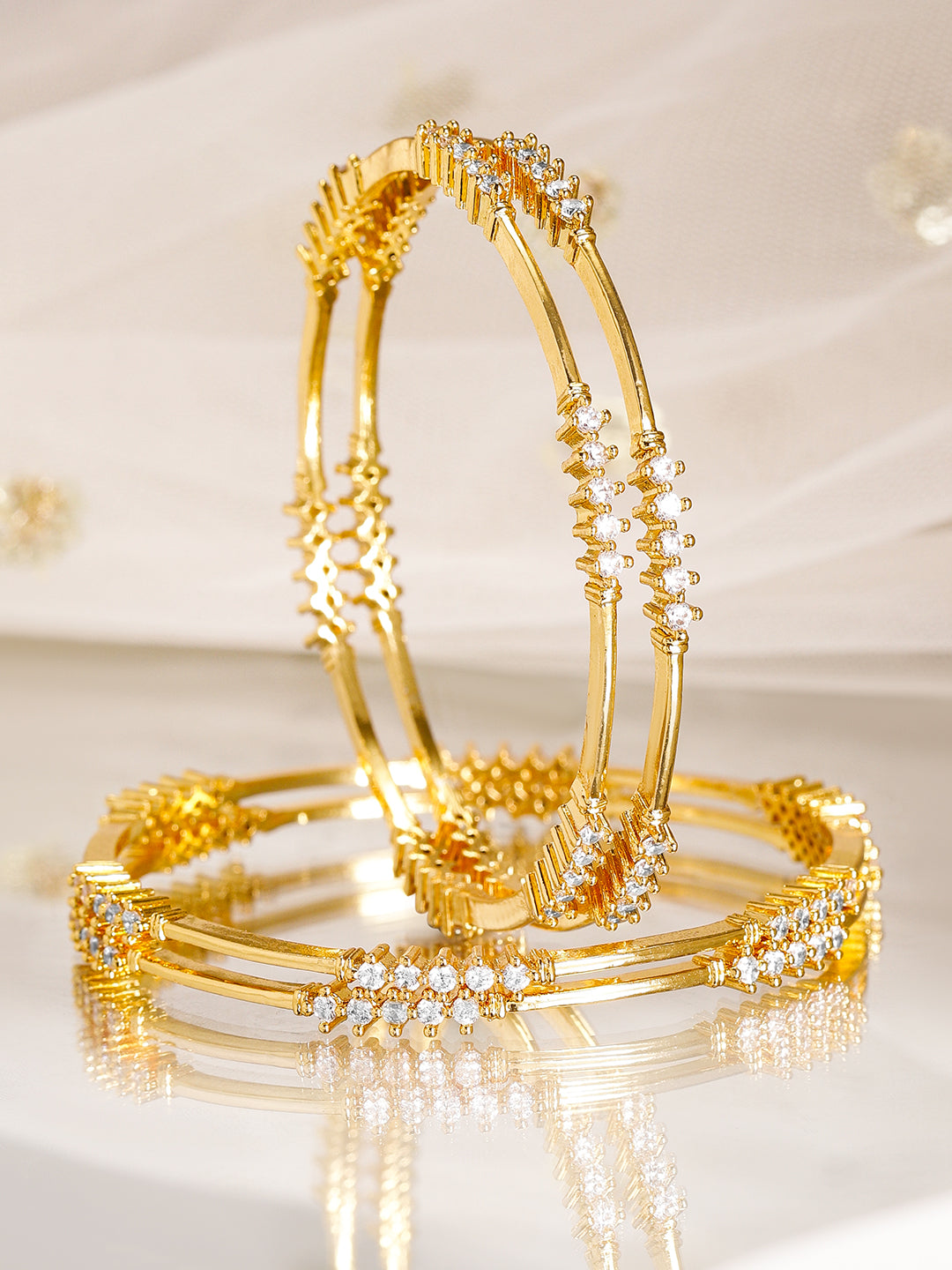 Wentra Set of 4, 22K Gold-Plated & Cubic Zirconia Studded Handcrafted Bangles