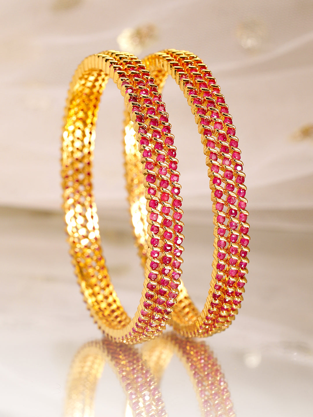 Wentra Set of 6, 22K Gold-Plated Ruby Pink Stone Studded Handcrafted Bangles