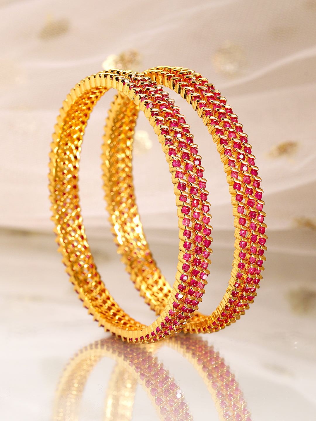 Wentra Set of 6, 22K Gold-Plated Ruby Pink Stone Studded Handcrafted Bangles