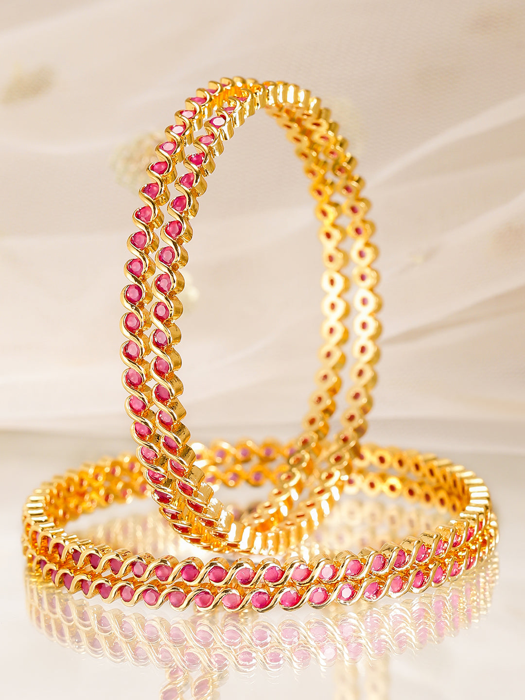 Wentra Set of 4, 22K Gold-Plated Ruby Pink Stone Studded Handcrafted Bangles