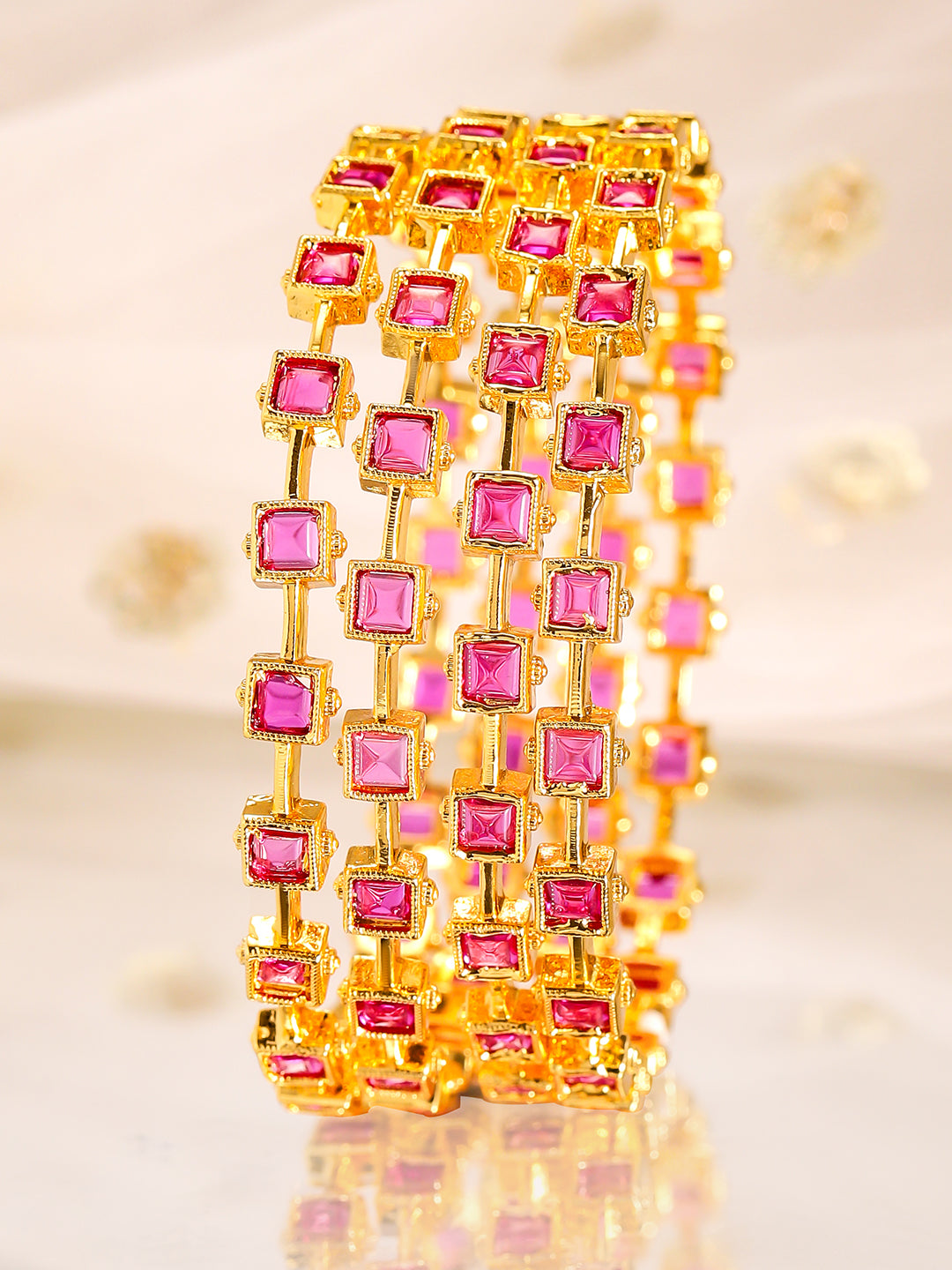 Wentra Align Set Of 4 22K Gold-Plated Ruby Pink Stone-Studded  Classic Bangles
