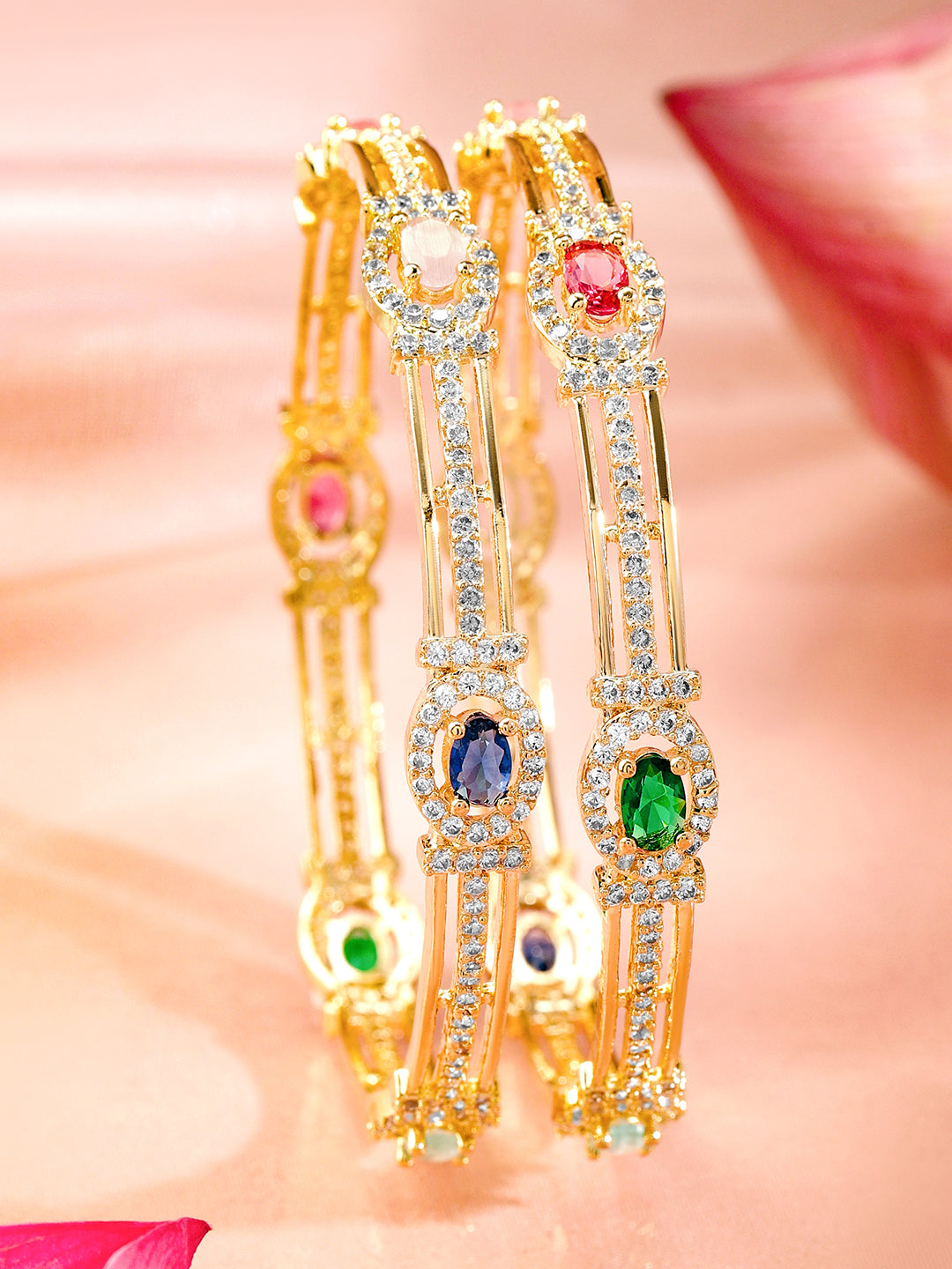 Wentra Set Of 2 22K Gold-Plated Multicolor Gemstone & Cubic Zirconia-Studded Bangles