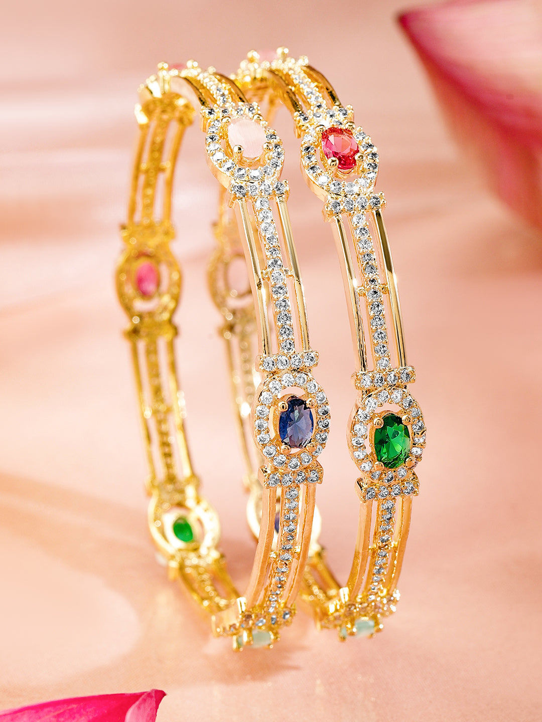 Wentra Set Of 2 22K Gold-Plated Multicolor Gemstone & Cubic Zirconia-Studded Bangles