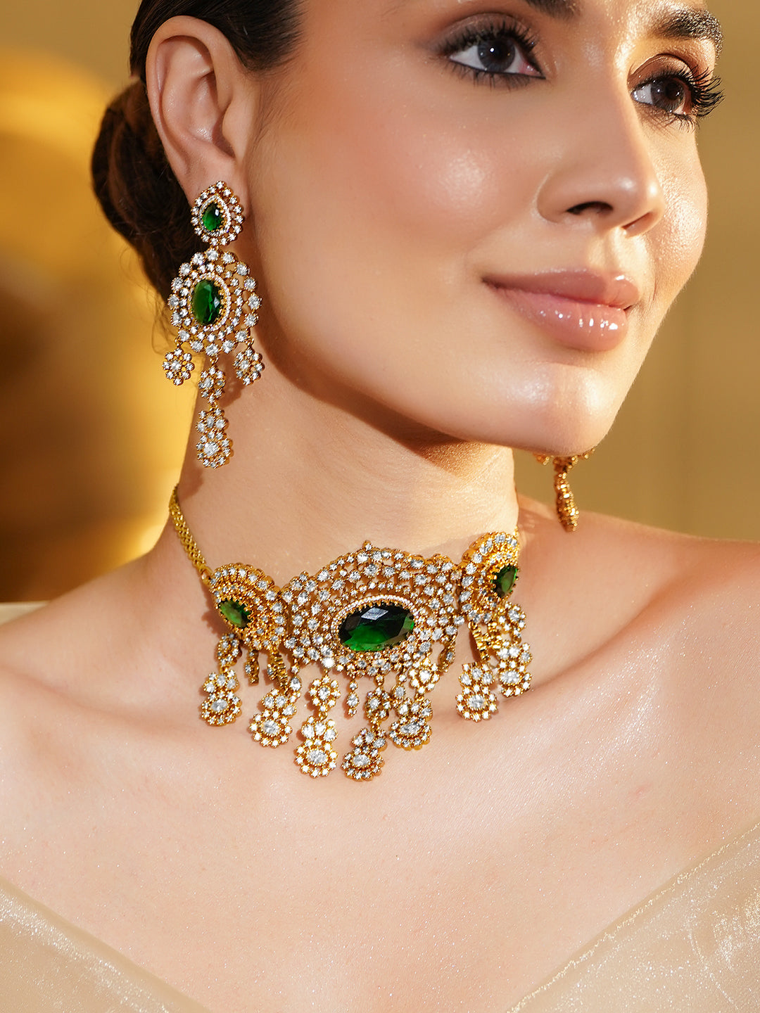 American Diamond Zirconia Emerald Choker Set