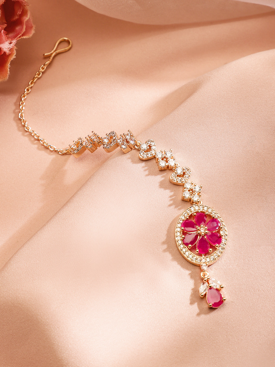 Wentra Women 22K Rose Gold-Plated Ruby Pink & White Cubic Zirconia Studded Handcrafted Maang Tikka