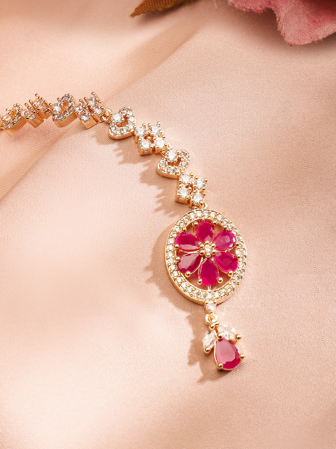 Wentra Women 22K Rose Gold-Plated Ruby Pink & White Cubic Zirconia Studded Handcrafted Maang Tikka
