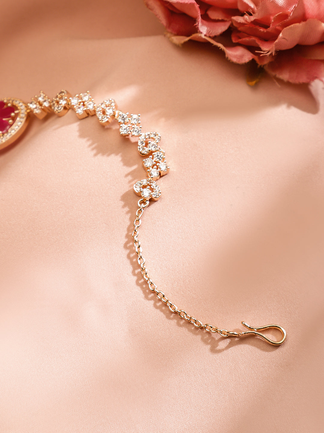 Wentra Women 22K Rose Gold-Plated Ruby Pink & White Cubic Zirconia Studded Handcrafted Maang Tikka