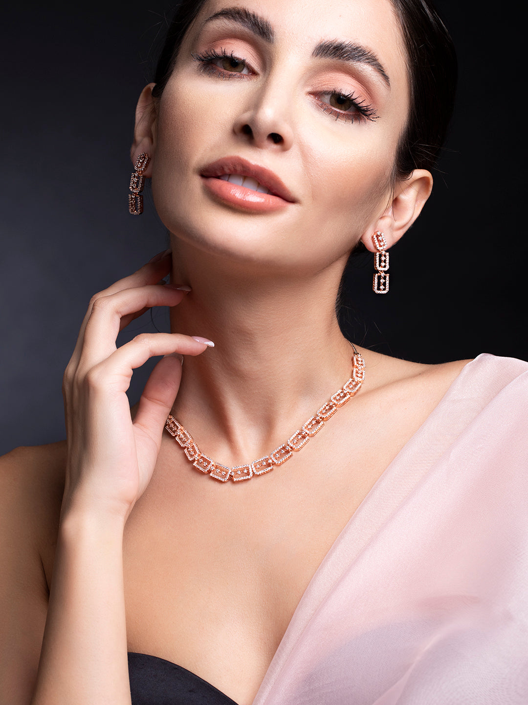 Wentra Rose Gold Plated Necklace Set With Studded American Diamonds