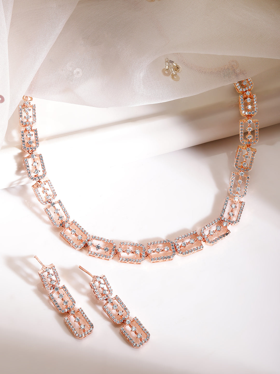 Wentra Rose Gold Plated Necklace Set With Studded American Diamonds