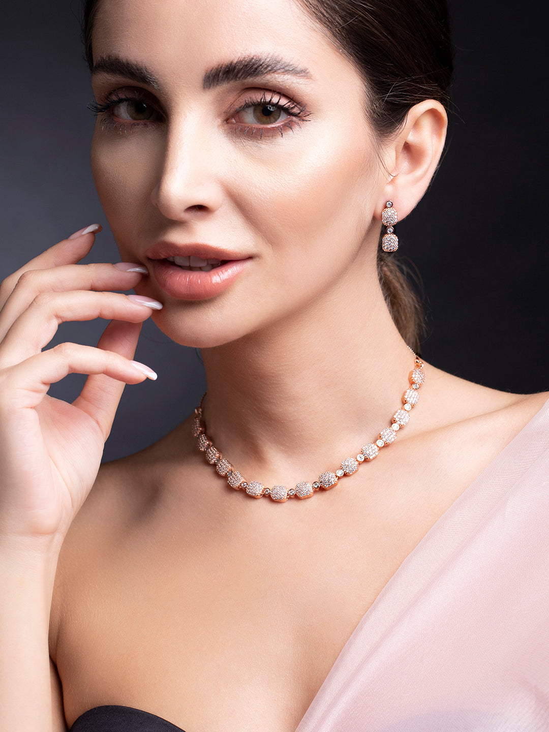 Wentra Rose Gold-Plated White AD-Studded Jewellery Set