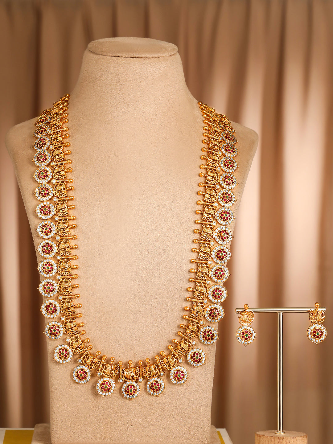 Red Floral Motif Long Necklace Set