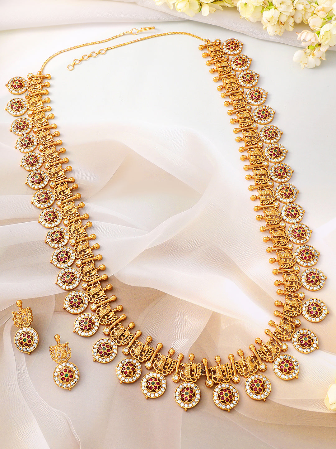 Red Floral Motif Long Necklace Set