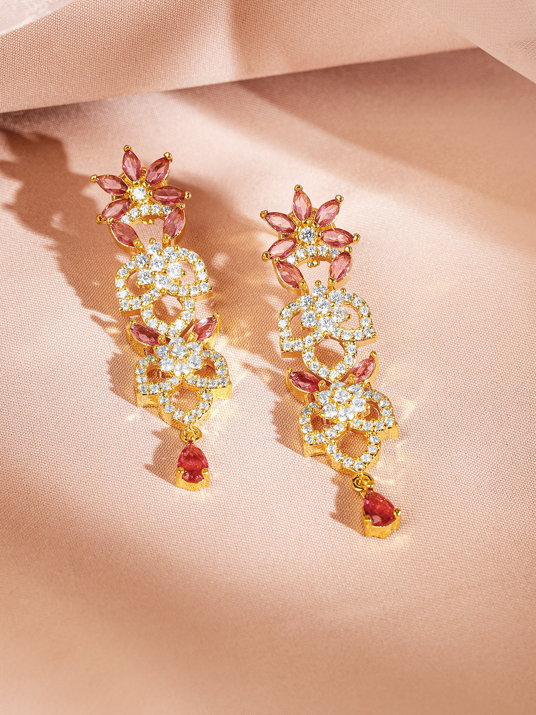 American Diamond Zirconia Pink Floral Necklace Set