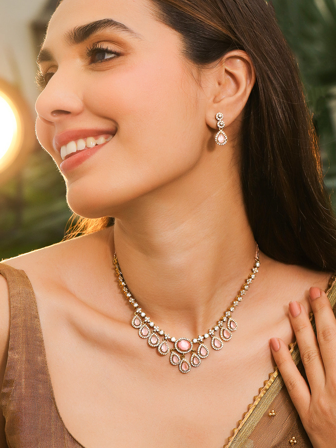 Studded American Diamond Zirconia Pink Drop Necklace Set