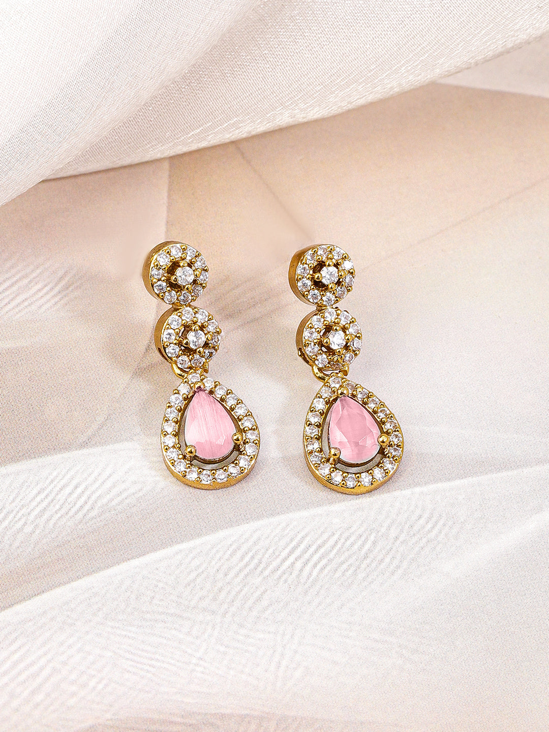 Studded American Diamond Zirconia Pink Drop Necklace Set