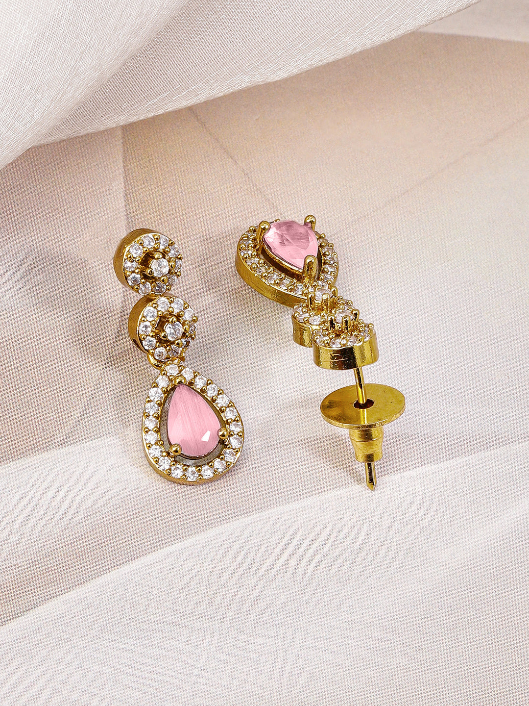 Studded American Diamond Zirconia Pink Drop Necklace Set