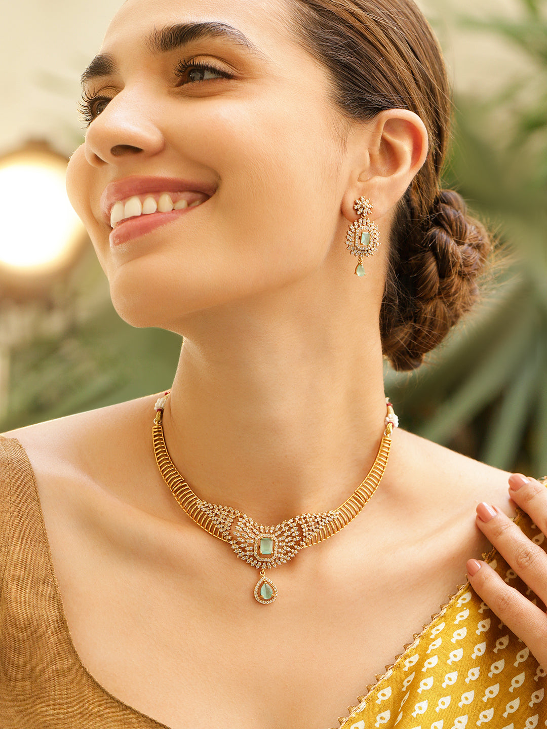 American Diamond Zirconia Green Necklace Set